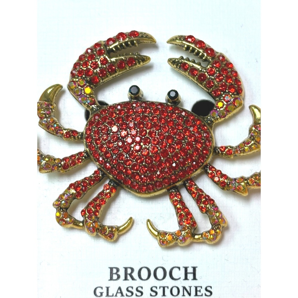 Red Rhinestone Crab Brooch Pin Nautical Ocean Sea‎ Life Jewelry NWOT 2x2.5